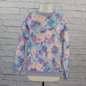 Vintage 80s Watercolor Floral Fleece Pullover Sweatshirt Large